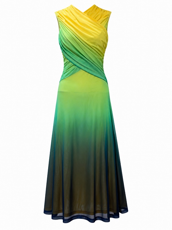 【新品DRESS 3377】クロスデザイングラデーションミモレ丈フレアロングドレス マルチカラー【KAREN MILLEN】